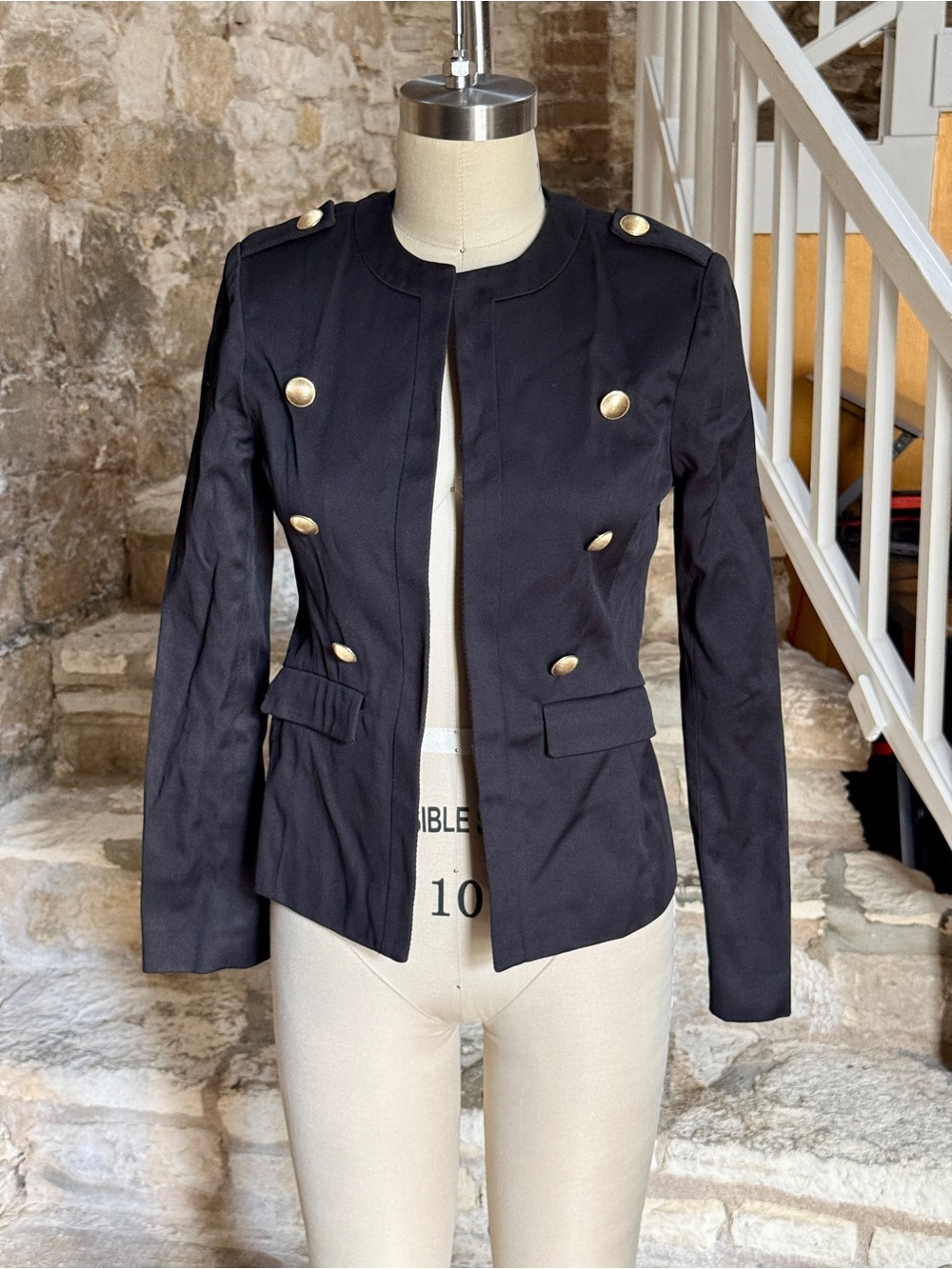 L'AGENCE Black Double-Breasted Military-Style Blazer with Gold Buttons